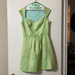 bright patterned blue and green pocketed! dress